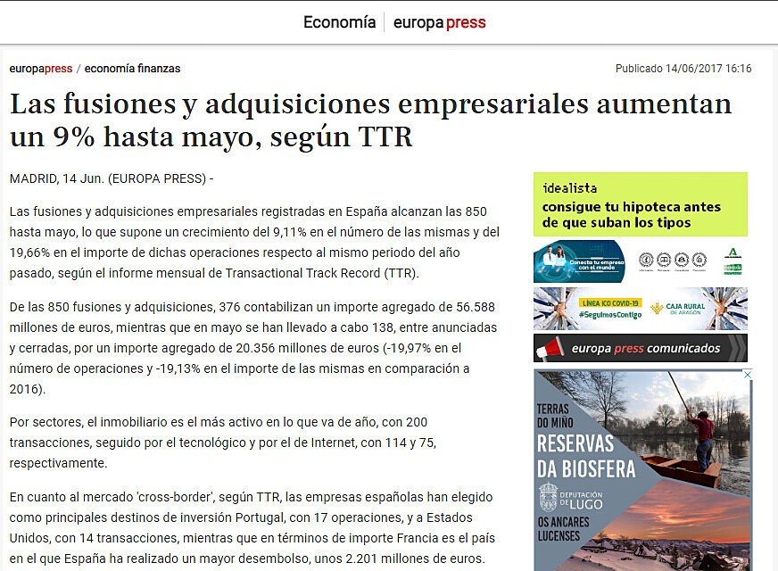 Las fusiones y adquisiciones empresariales aumentan un 9% hasta mayo, segn TTR